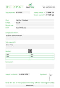 Lab test report and certificate of analysis done in April 2026 for GLOW Peptide sterility